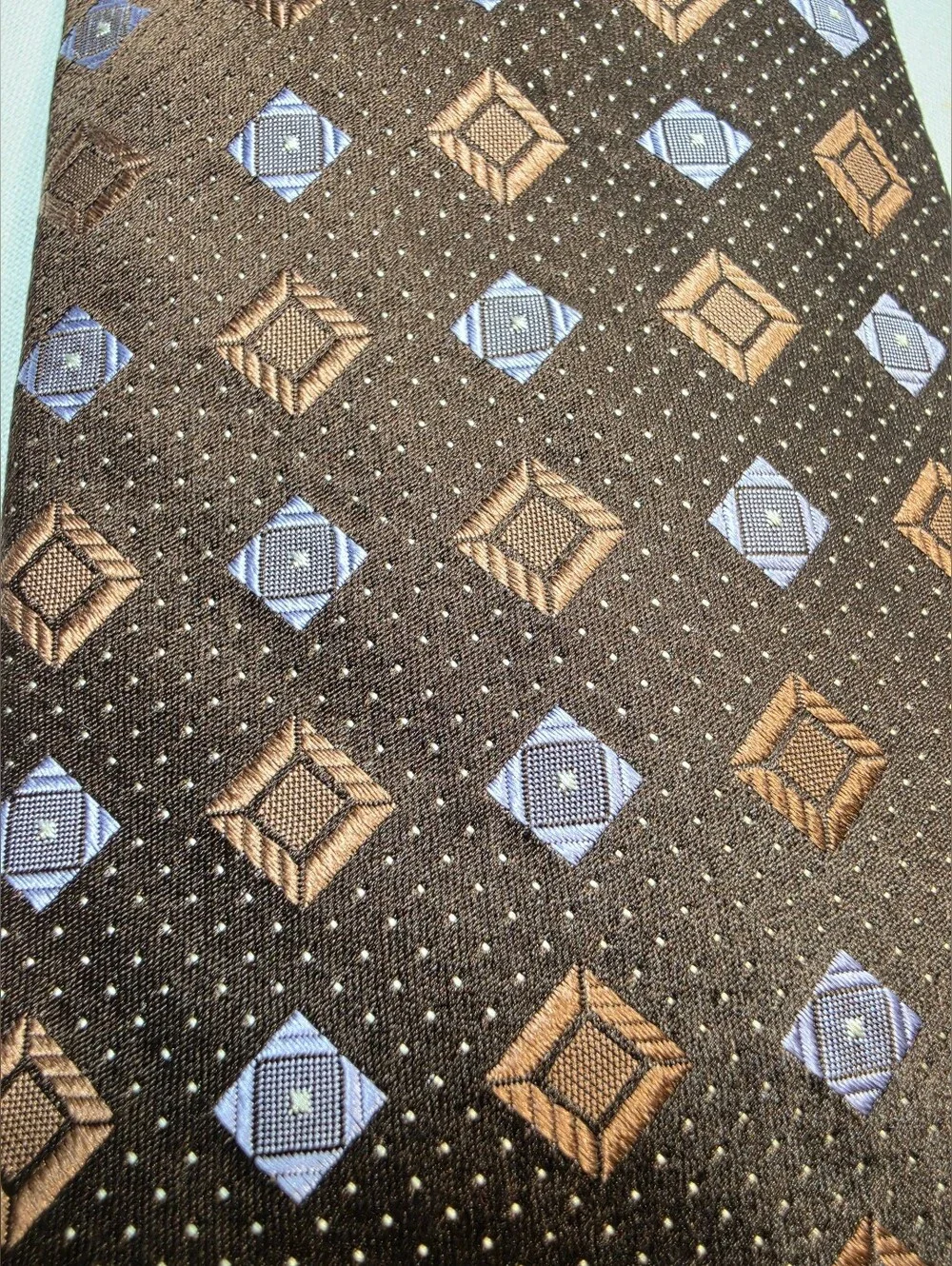 Mens Ike Behar Brown Tie with Silver & Tan Geometric Motif Necktie